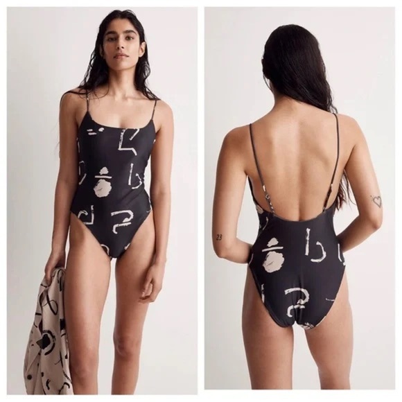 Madewell NWT Scoop Neck One Piece Swimsuit Size XXL in Abstract Doodle in Black - Picture 1 of 7
